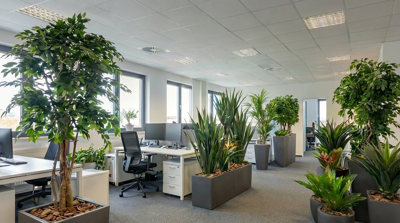 Kunstpflanzen im Büro - Großraumbüro mit verschiedenen Kunstpflanzen